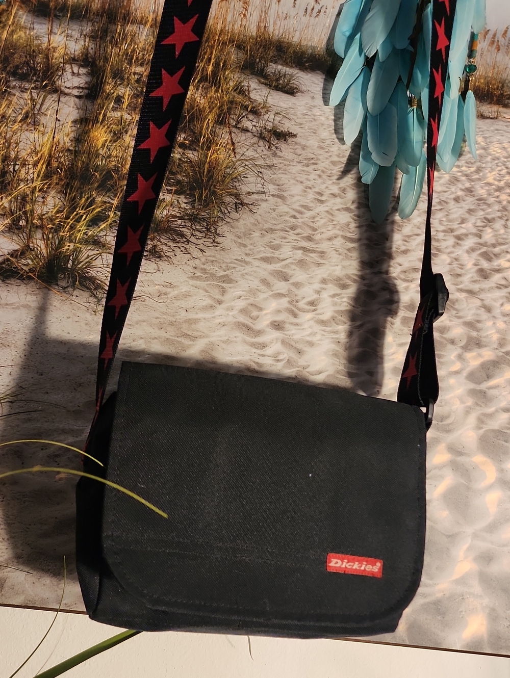 Dickies Black Messenger Bag with Red-Star Accent Strap